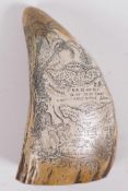 A replica composition whale tooth scrimshaw decorated with an island map, 6" long