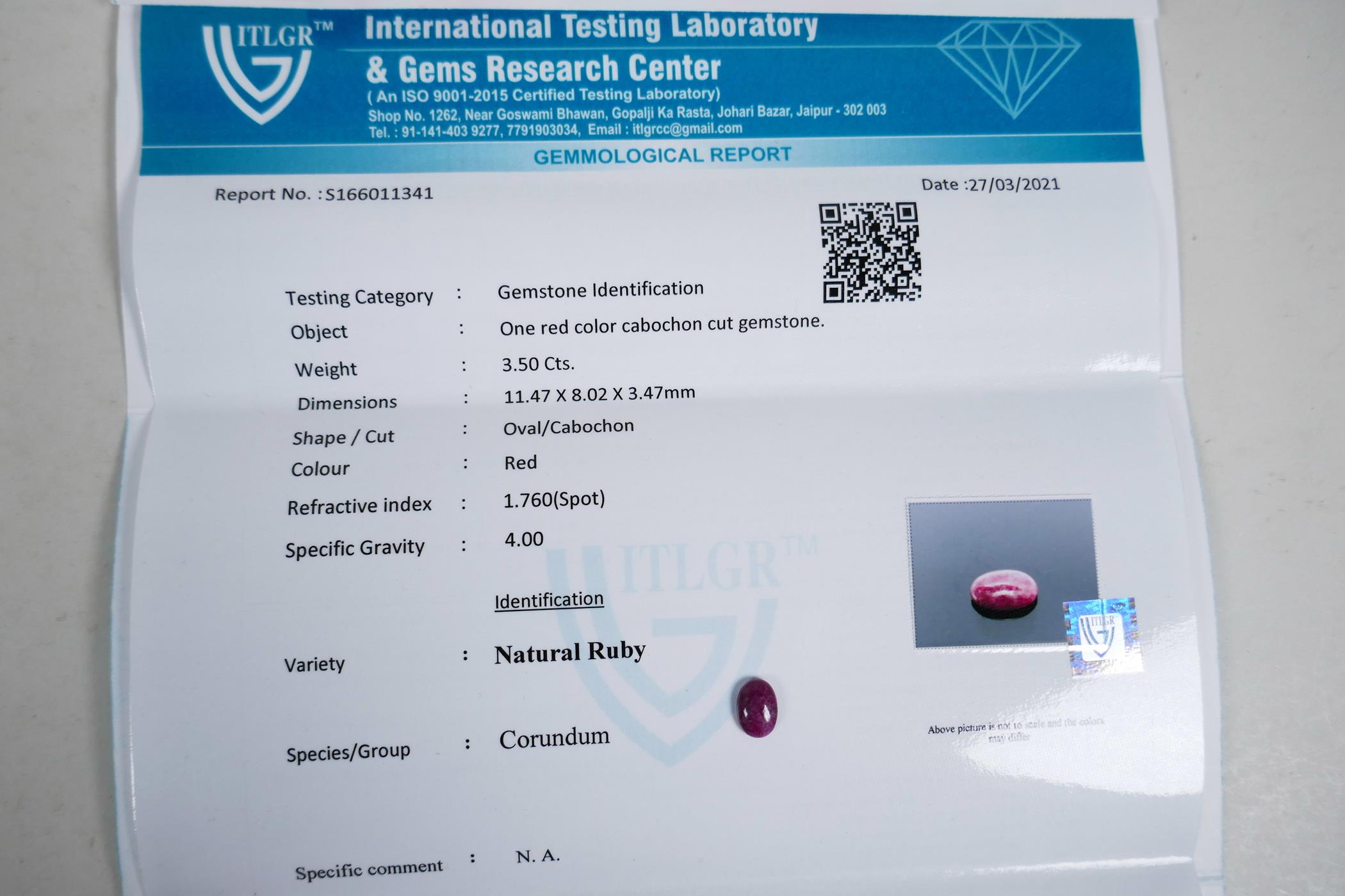 A 3.50 ct natural ruby oval cabochon, ITLGR certified, with certificate - Image 10 of 10