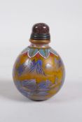 A yellow Peking glass snuff bottle decorated with a blue enamel riverside landscape, 4 character