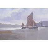 Norman Battershill, sailing boats in a river inlet, titled verso, 'Spritsail Barge Manningtree,