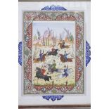 An Indian painting of a polo match in a good micro mosaic frame, 15" x 17½" overall