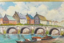 Continental waterway with bridge, mid C20th, oil on board, signed E. Cole, 60" x 18"