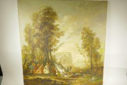 Figures on a path by a stream with bridge and farm  building beyond, after the classic, oil on