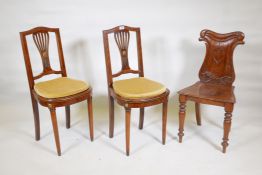 A pair of C19th French walnut side chairs with ormolu mounts and cane seats, and a Victorian