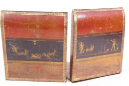 A pair of wood, leather and brass bookends, the wooden ends leather bound in the form of books