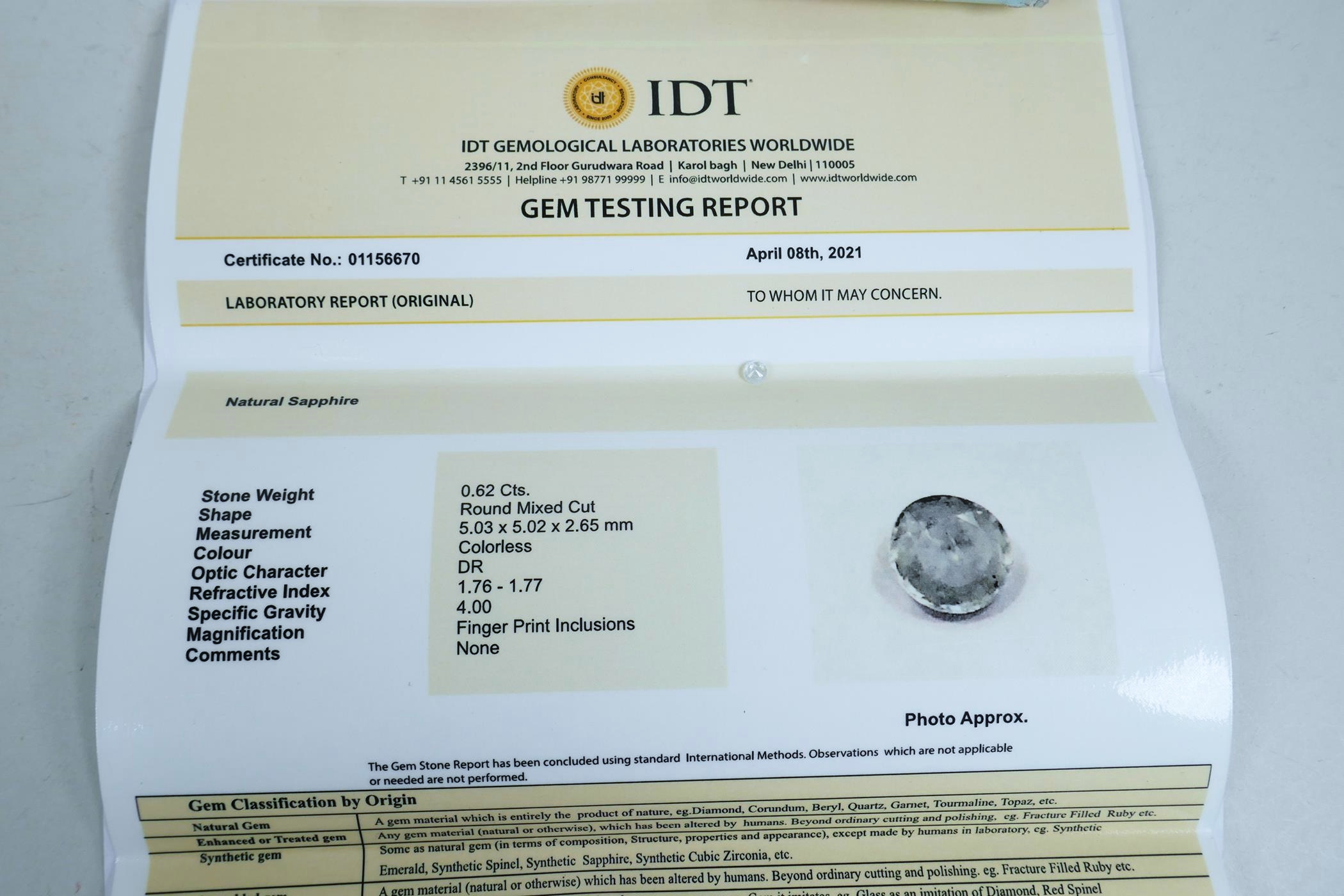 A 0.62ct white sapphire, round mixed cut, IDT certified, with certificate - Image 3 of 3