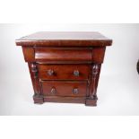 An apprentice piece mahogany scotch chest of three drawers, with turned knobs on side columns, 17"