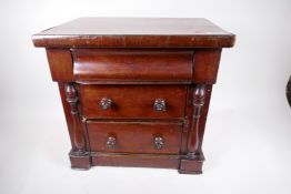 An apprentice piece mahogany scotch chest of three drawers, with turned knobs on side columns, 17"