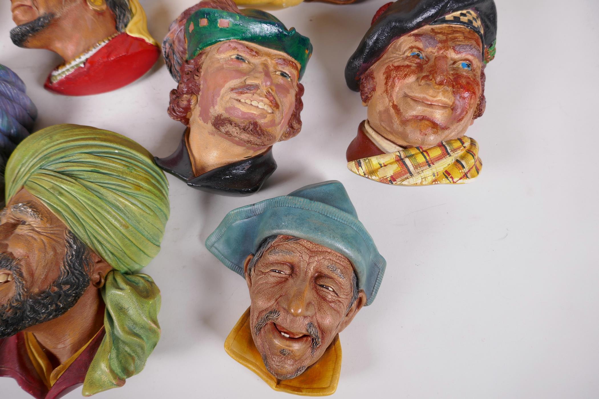 Ten Bossons plaster wall masks, two of turbaned gentlemen with horses, 9" x 8", Robin Hood, man in - Image 2 of 6