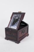 A Chinese miniature hardwood vanity chest with brass mounts, 5" x 7", 4" high