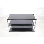 A Soundstyle black metal and chrome, three tier Hi-fi  table with inset black glass tops, 38" x