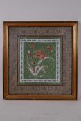A Chinese silk embroidery of a butterfly and flowers in bloom, framed, 12" x 12"