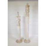 A painted plaster floor lamp, in the form of three putti supported upon a fluted column, 41" high,