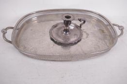 An oval two handled, silver plated gallery tray, 16" x 12", together with a C19th silver plated