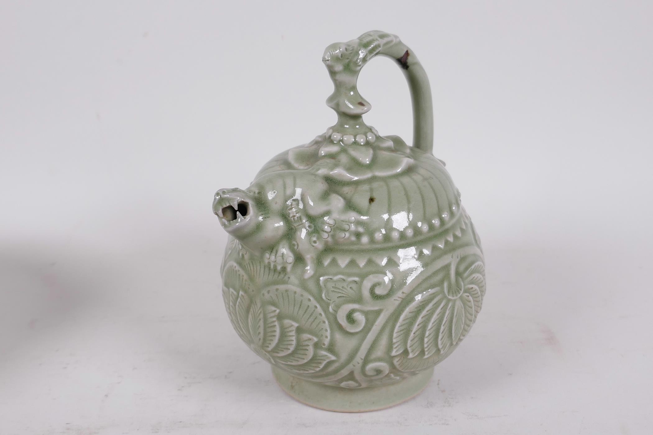 A Chinese celadon water dropper with embossed body, the spout formed as a mythical beast, 6¼" high - Image 2 of 4