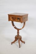 A C19th specimen wood marquetry inlaid workbox, with lift up top raised on a turned column with