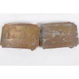 Two Tiffany style brass belt buckles advertising Wells Fargo and Union Pacific Railway, 3½" x 2½"