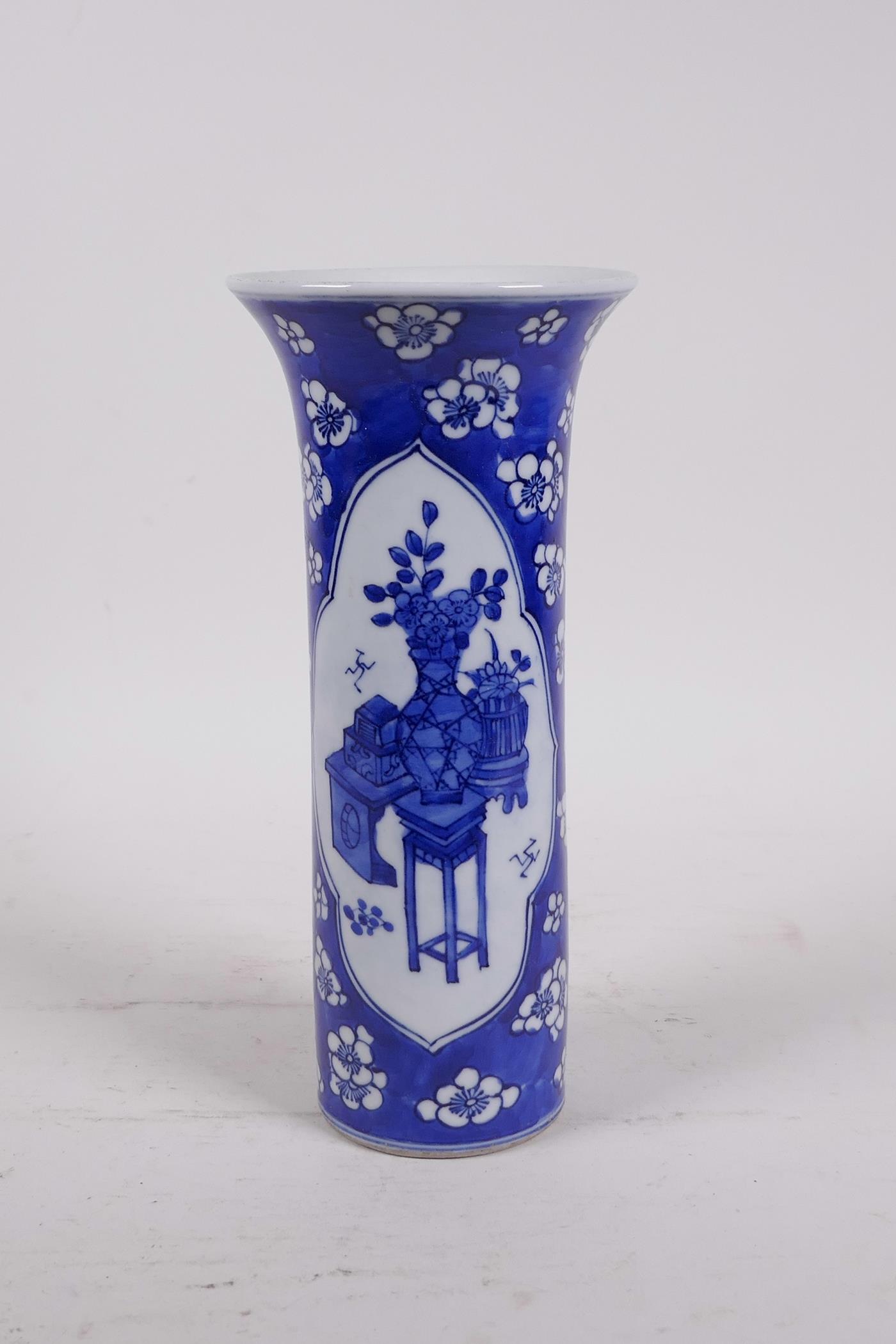 A Chinese blue and white porcelain cylinder vase with a flared rim, with decorative panels depicting - Image 3 of 4