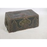 A C19th Continental painted pine and iron strapped carriage trunk, inscribed 'Varna' to the back,
