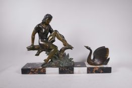 An Art Deco bronzed spelter figure of a young woman and a swan (perhaps referencing Leda), 22" x