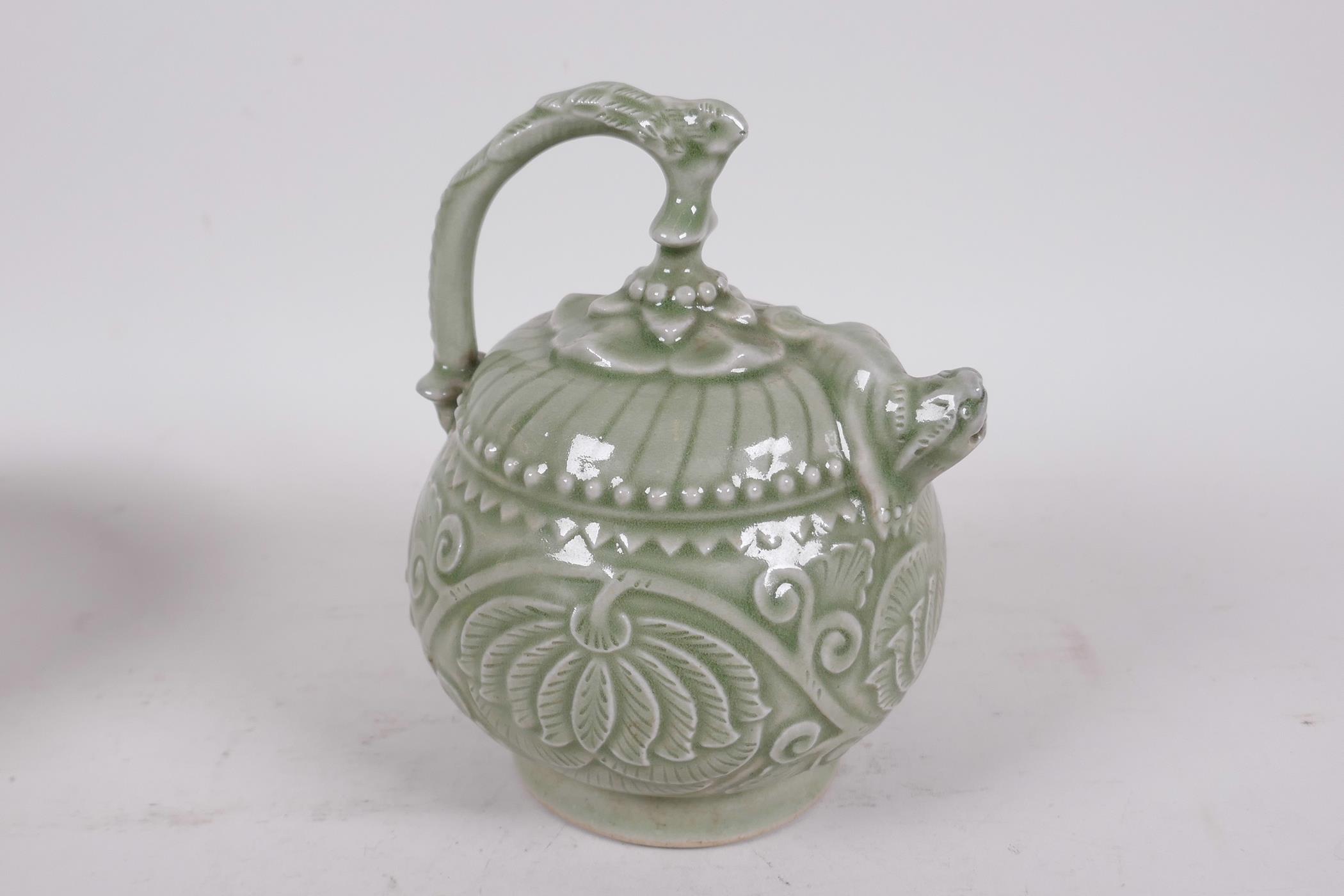 A Chinese celadon water dropper with embossed body, the spout formed as a mythical beast, 6¼" high - Image 3 of 4