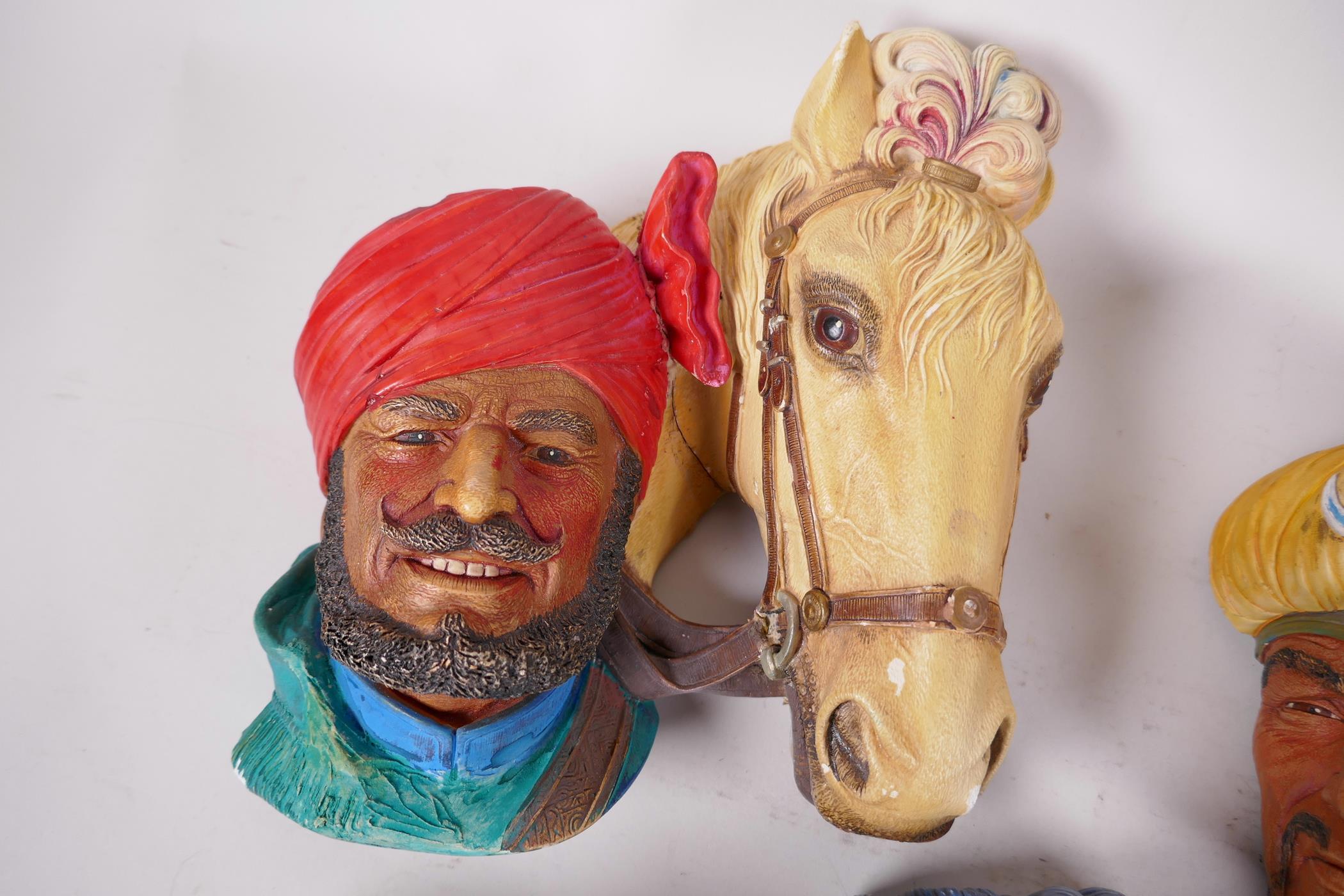 Ten Bossons plaster wall masks, two of turbaned gentlemen with horses, 9" x 8", Robin Hood, man in - Image 4 of 6