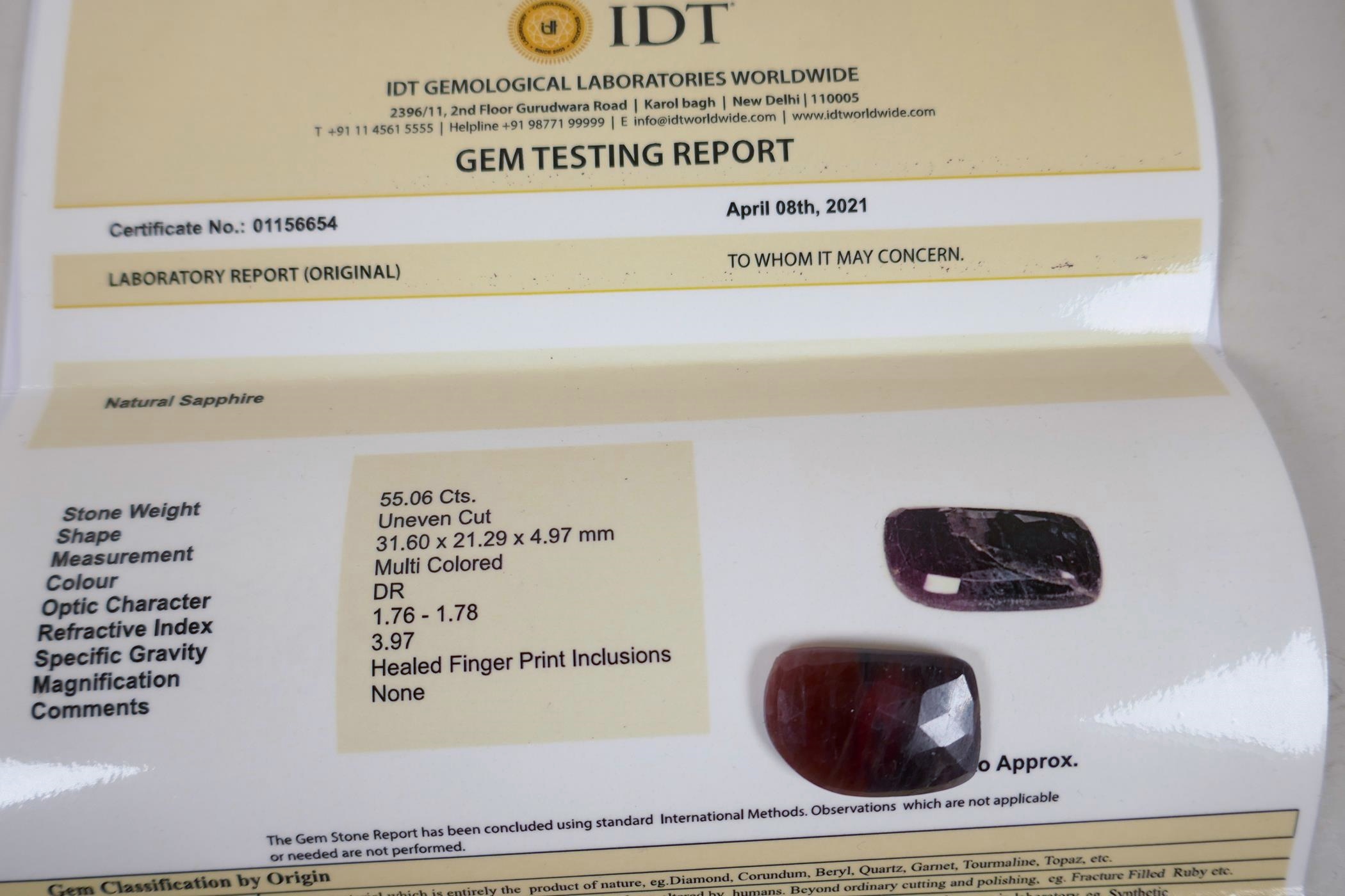 A 55.06ct natural multicoloured sapphire, uneven cut, IDT certified, with certificate - Image 6 of 6