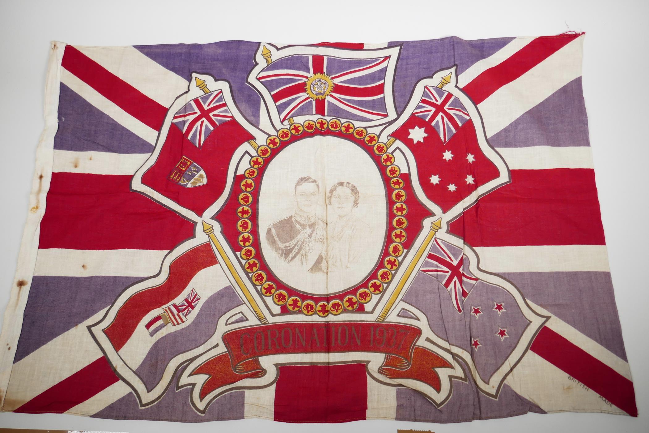 Three 1937 coronation flags in red, white and blue; a full size coronation bunting flag - Image 5 of 5