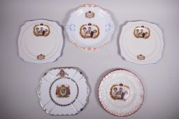 Five commemorative cabinet plates celebrating the 1937 coronation; includes makers Alfred Meakin