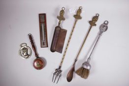 A variety of brass and metal household implements commemorating the 1937 coronation