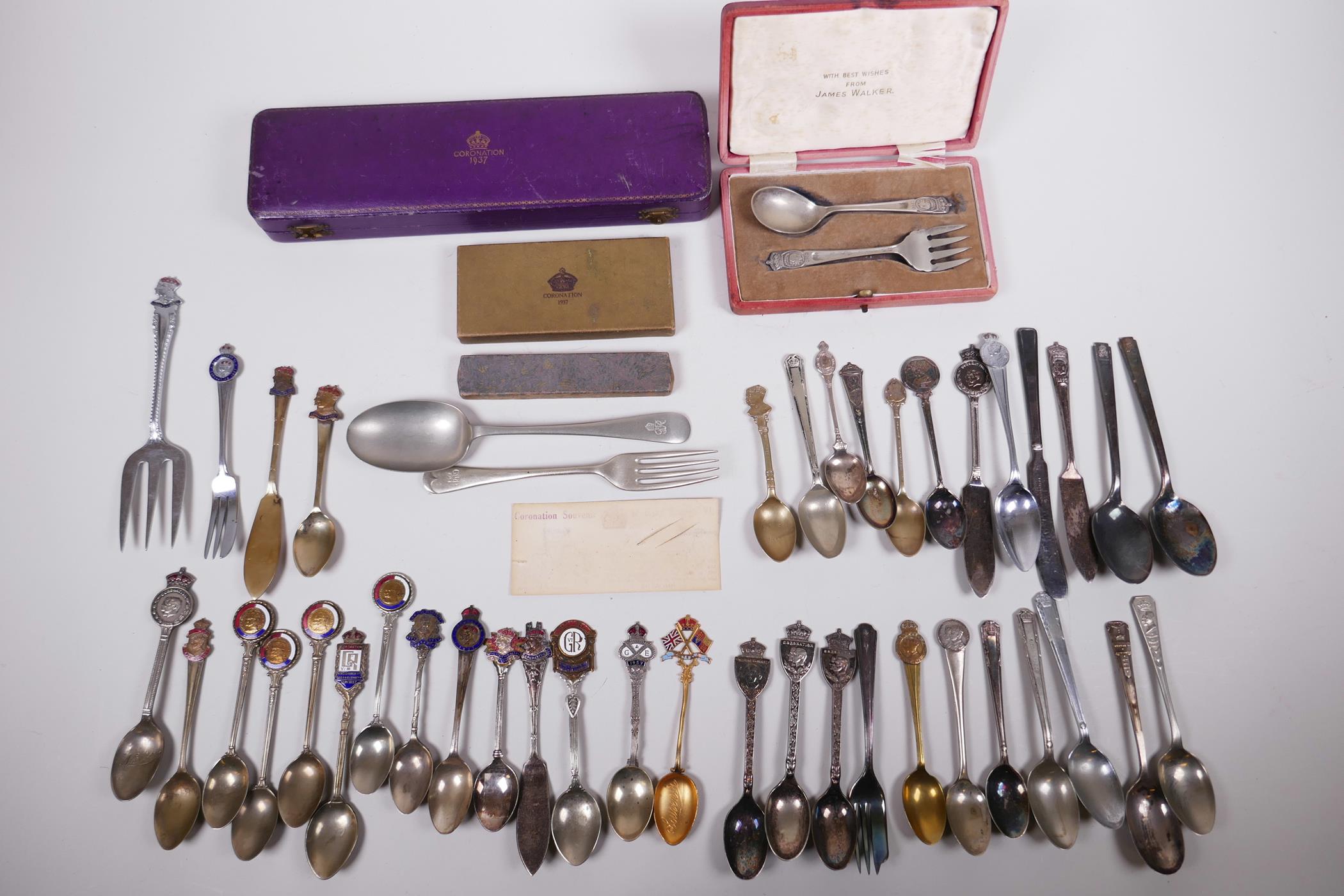 A James Walker Ltd 1937 coronation silver plated bread fork & jam spoon, enamelled teaspoons etc