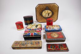 An eclectic mix of 1937 coronation commemorative tins, including money box tins