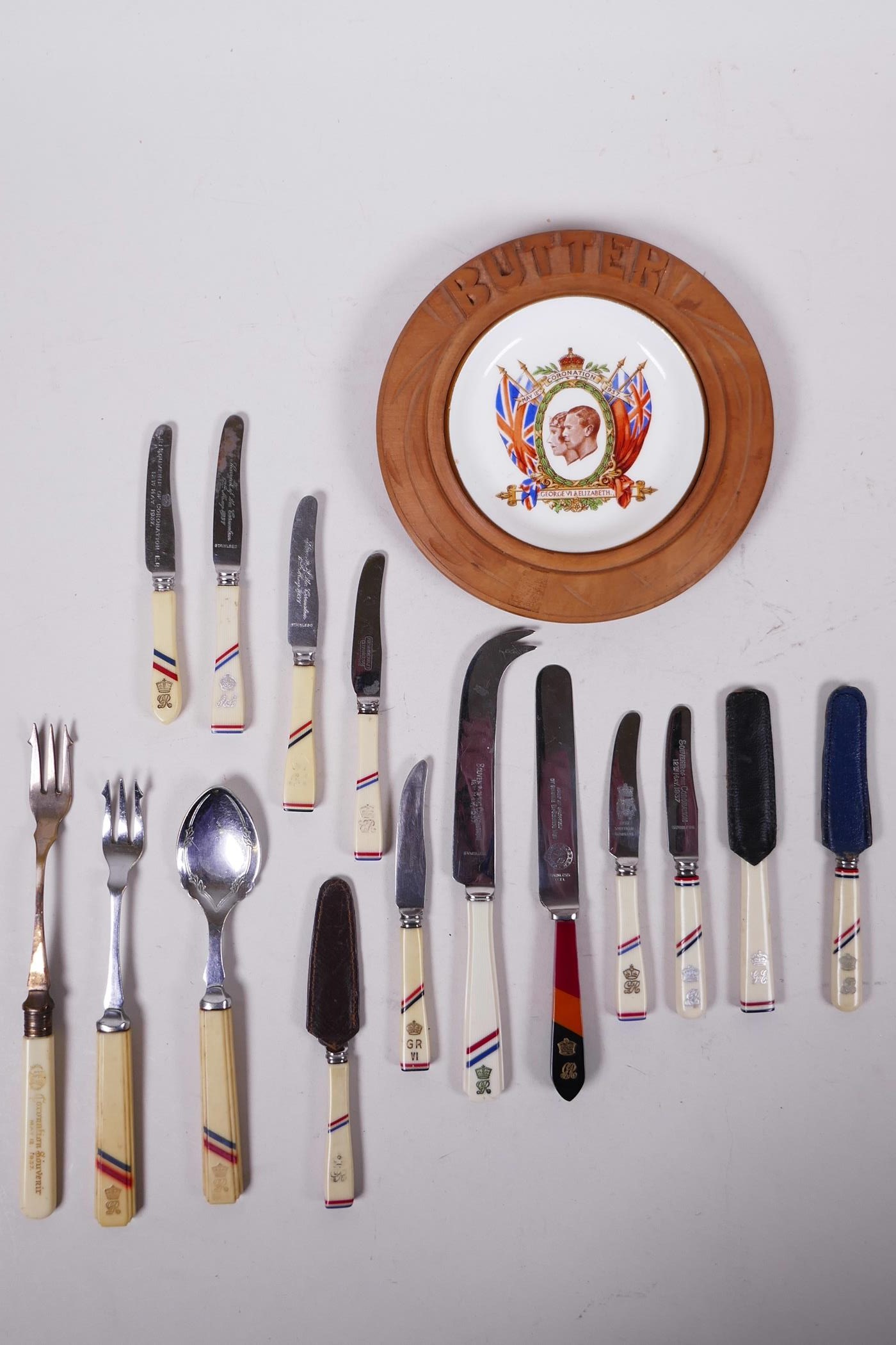 A variety of souvenir coronation 1937 cream Bakelite or bone handled butter and fruit knives