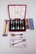 A set of six James Walker Ltd silver plated coronation teaspoons, fish knives & forks & so on