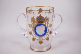 A large Webb-Corbett glass double handled beer tankard for the coronation of George VI in 1937