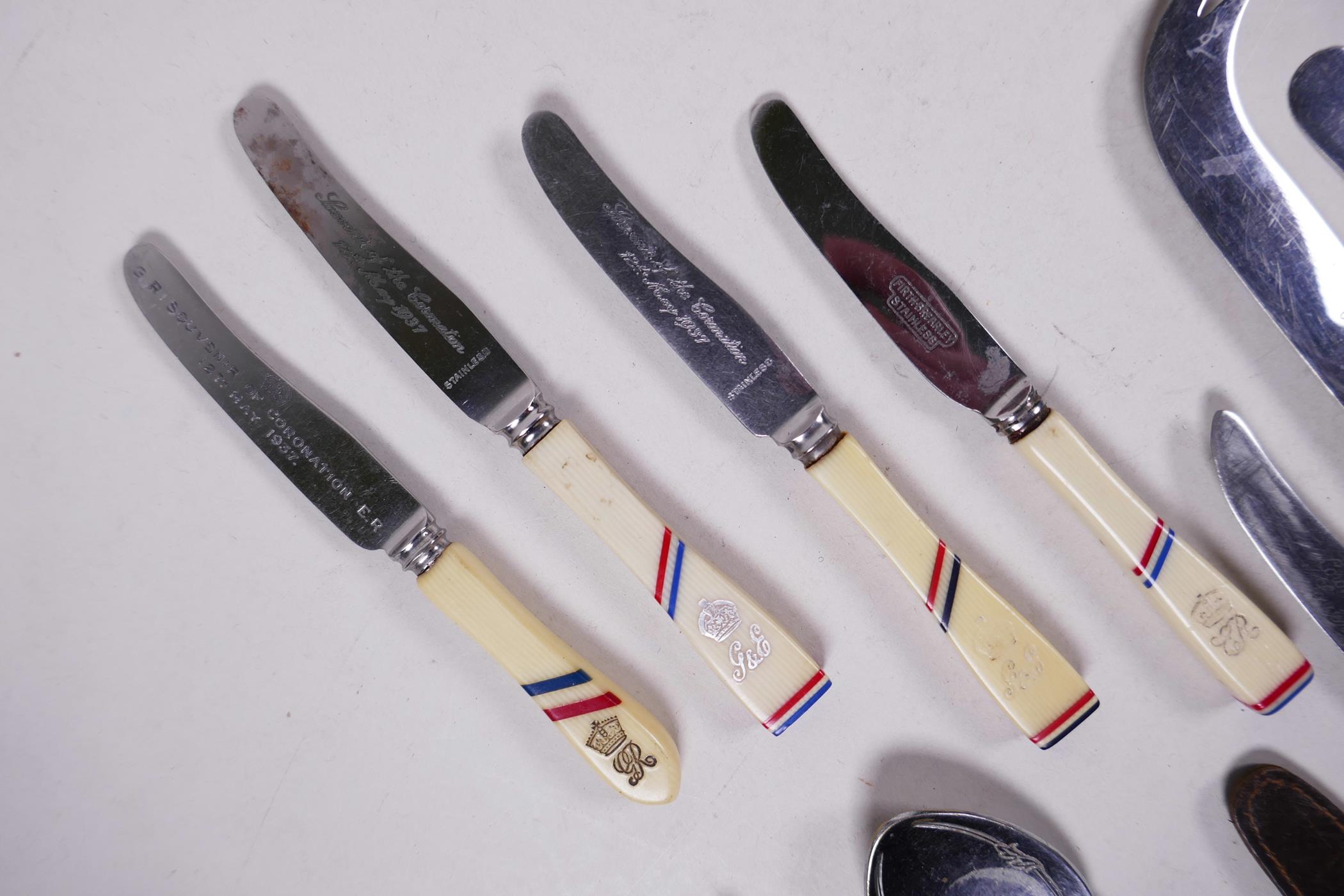 A variety of souvenir coronation 1937 cream Bakelite or bone handled butter and fruit knives - Image 7 of 7