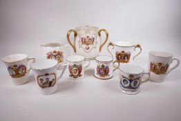 An impressive 1937 coronation commemorative three handled ceramic tyg (friendship mug), by Gibsons