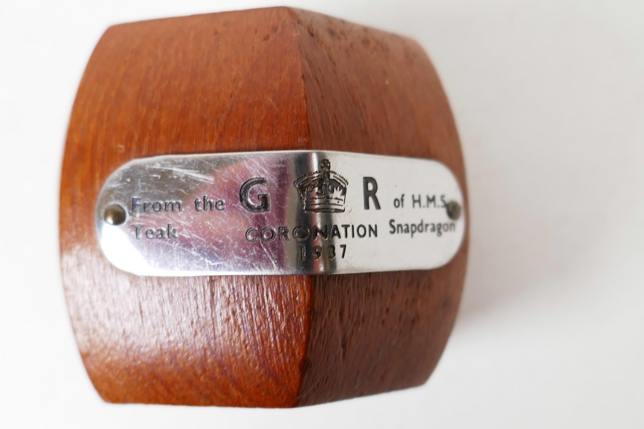 A 1937 coronation treen napkin ring in teak from the First World War warship HMS Snapdragon - Image 2 of 6