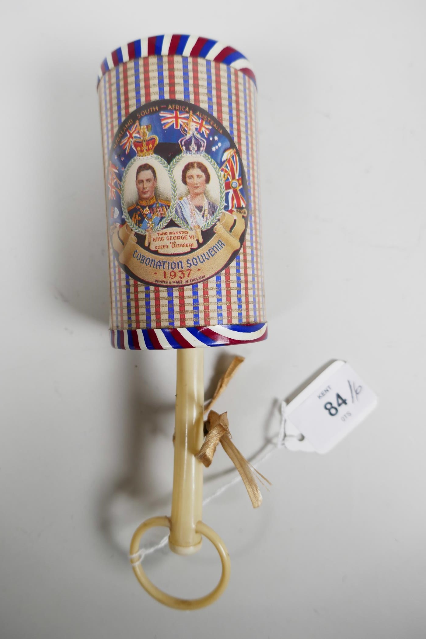 An unusual commemorative 1937 coronation souvenir baby’s rattle with ivory Bakelite handle - Image 2 of 7