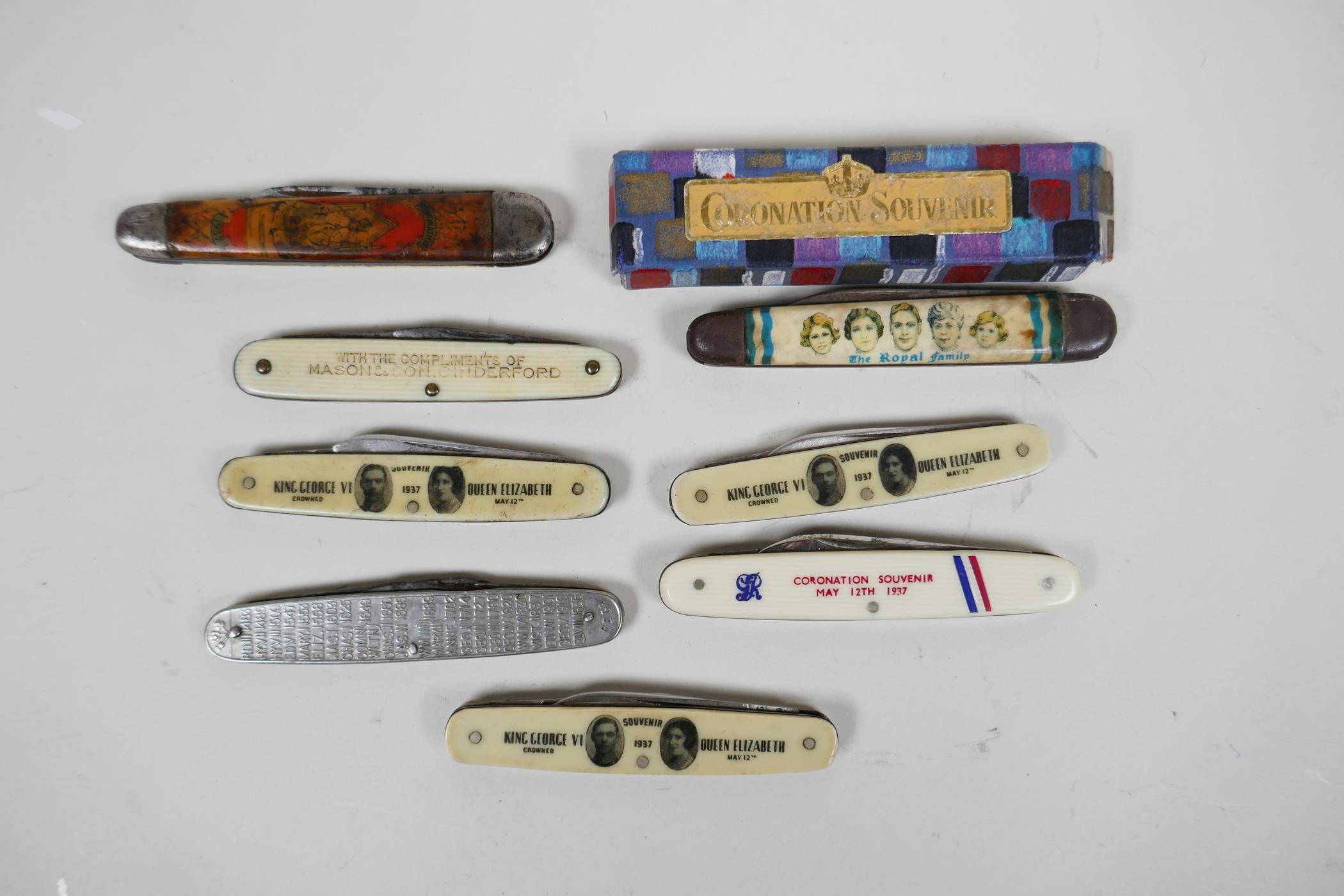 A collection of eight souvenir twin blade penknives commemorating the 1937 coronation