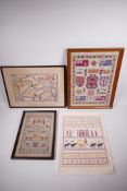 Four charming embroidered samplers celebrating the 1937 coronation