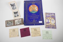 Four original ‘Coronation Route Stand Tickets’ dated Wednesday 12 May 1937, two for Hyde Park