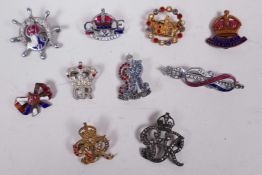 A lovely selection of ten commemorative 1937 coronation jewelled and enamelled pin brooches