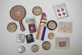 Various items: three sets of 1937 Coronation Wear buttons on their original cards, make-up, mirrors