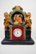 A commemorative 1937 coronation plaster framed clock, with relief moulded portrait heads of the King