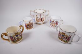 Five 1937 coronation commemorative porcelain loving cups