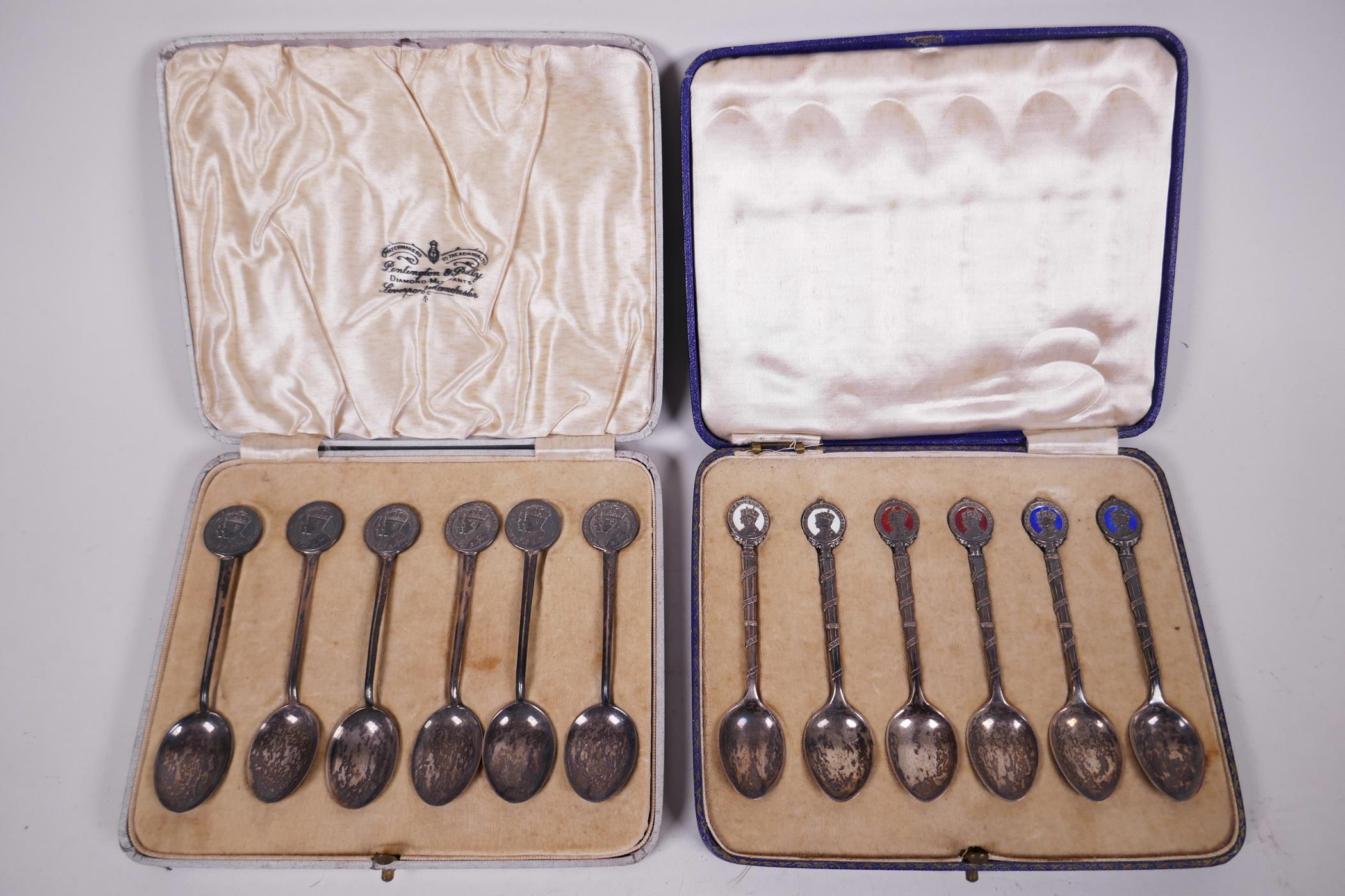 Two sets of sterling silver 1937 coronation teaspoons in original silk lined presentation boxes