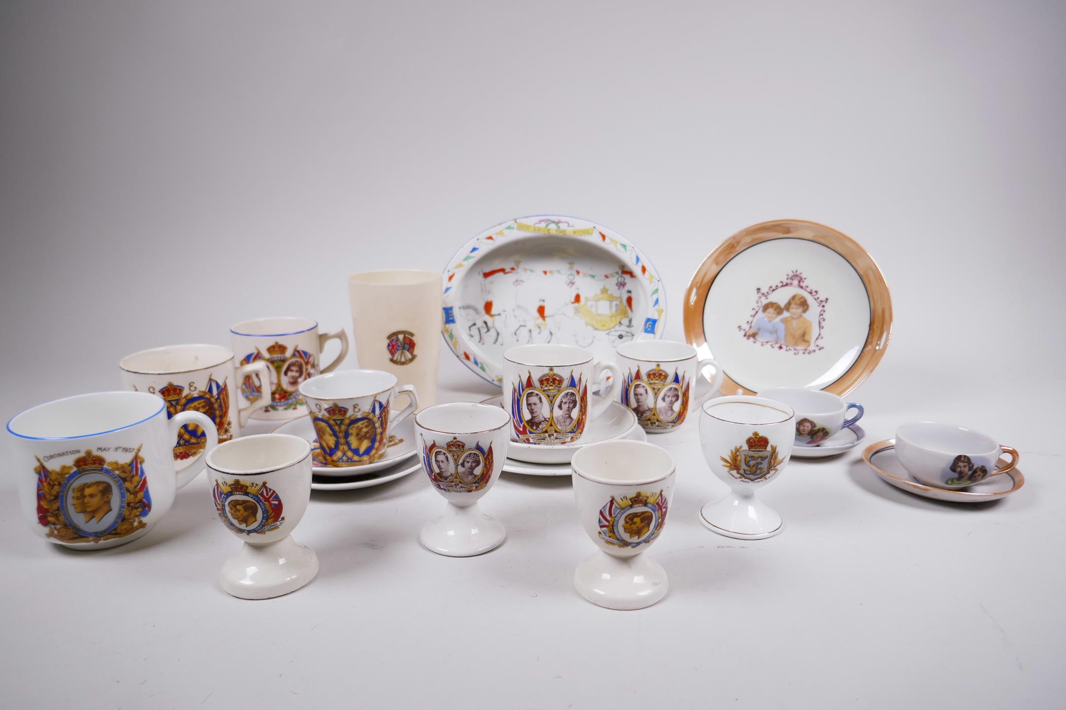 Four 1937 coronation commemorative porcelain eggcups; two miniature porcelain teacup trios etc