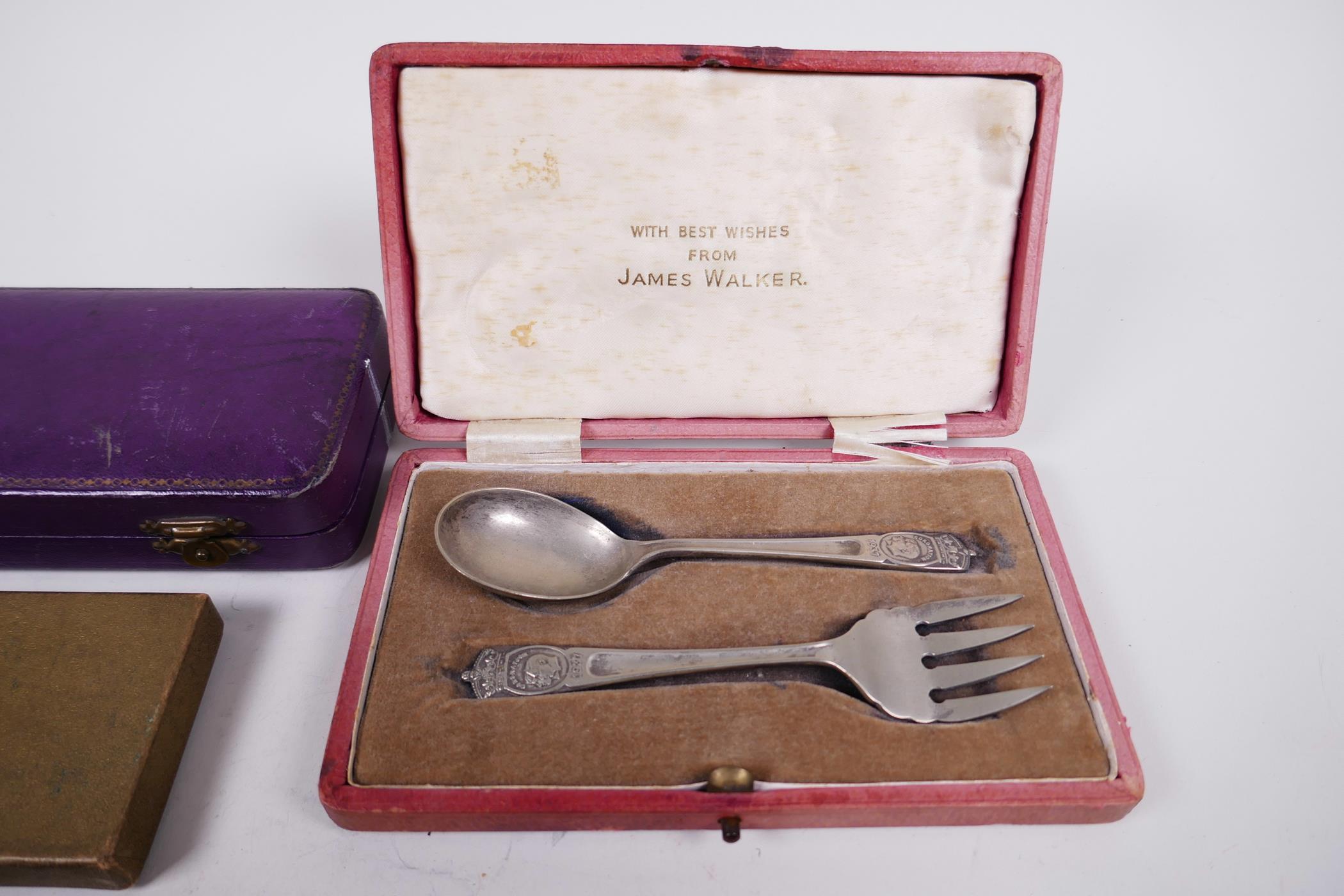 A James Walker Ltd 1937 coronation silver plated bread fork & jam spoon, enamelled teaspoons etc - Image 2 of 9