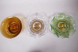 A 1937 coronation pressed glass bowl, with ruffled fluted sides, gilt central panel plus others